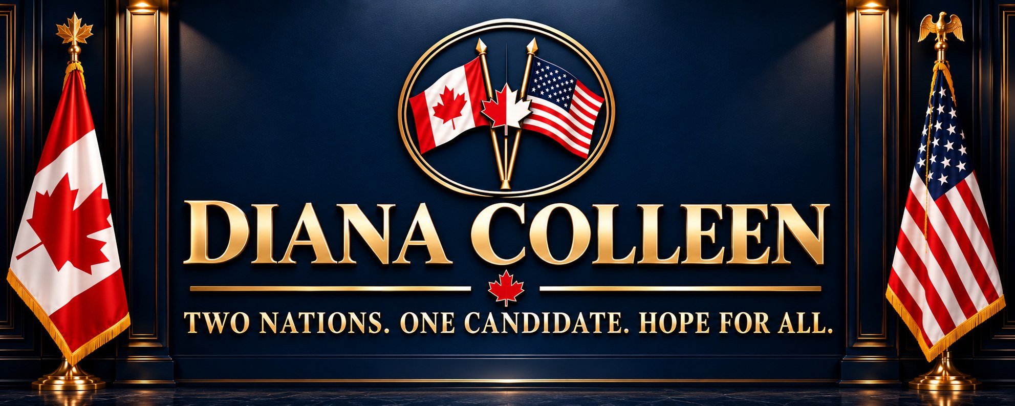 Diana Colleen. Two nations. One candidate. Hope for all. The Canadian and American flags stand on either side of the campaign emblem.